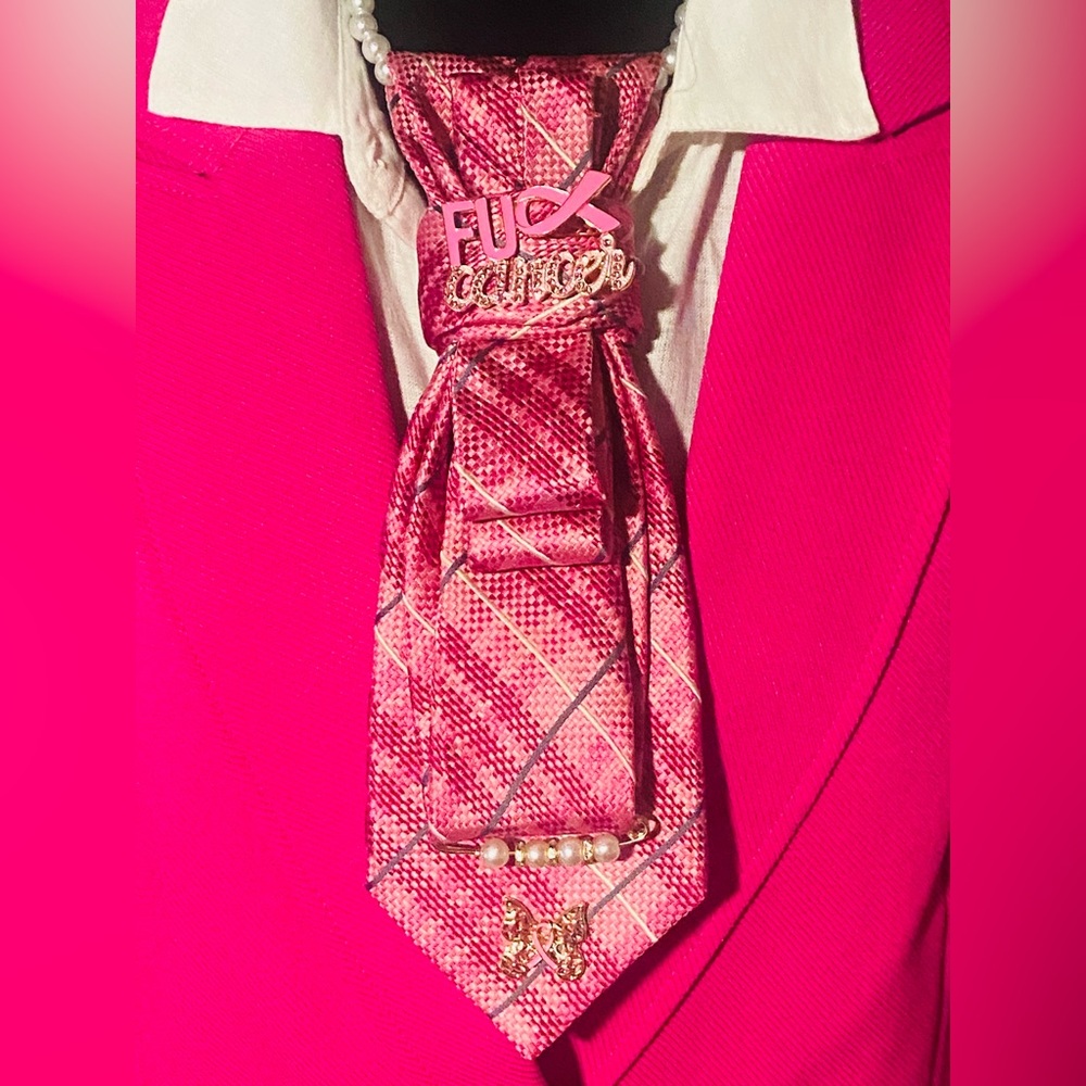 Pink Plaid Tie with Cancer Awareness Pin